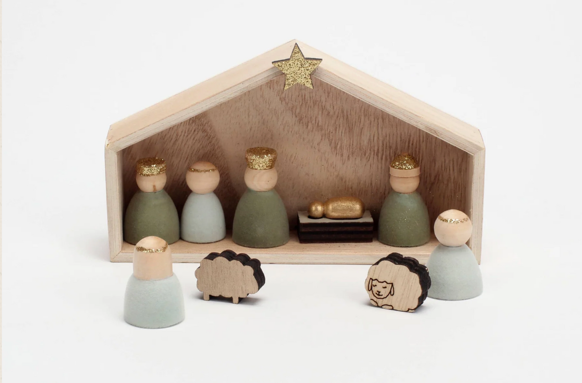 Flocked Wood Nativity Scene